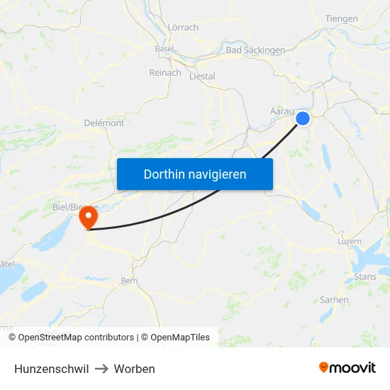 Hunzenschwil to Worben map