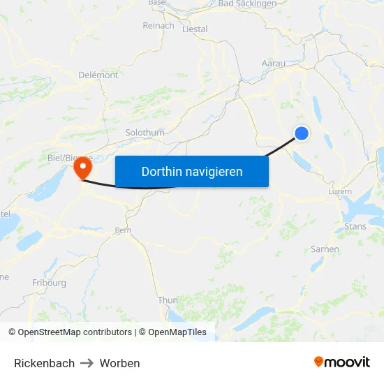 Rickenbach to Worben map