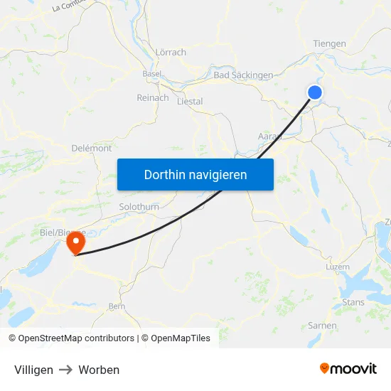 Villigen to Worben map