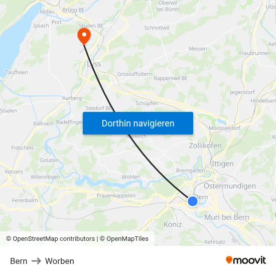 Bern to Worben map