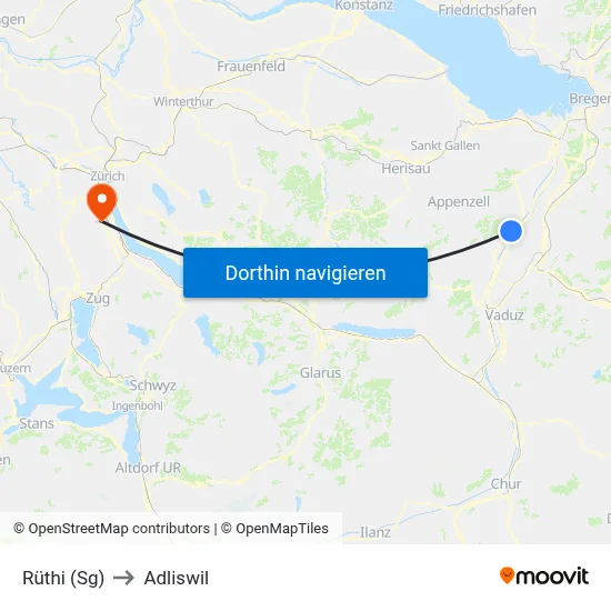 Rüthi (Sg) to Adliswil map