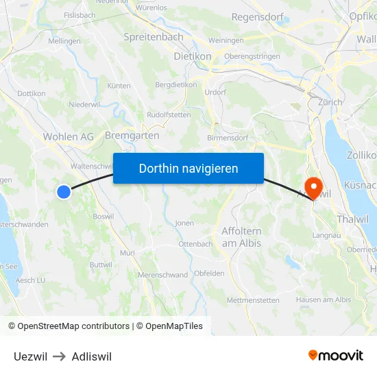 Uezwil to Adliswil map