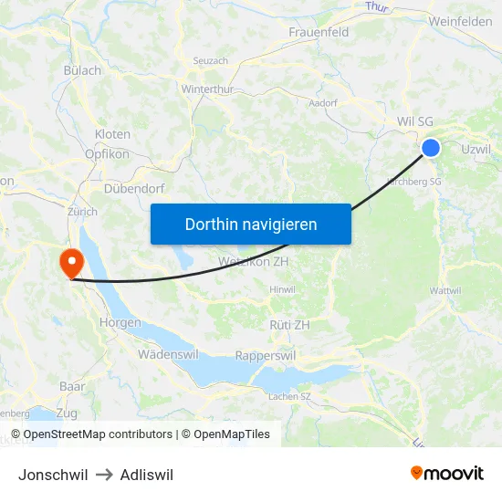 Jonschwil to Adliswil map