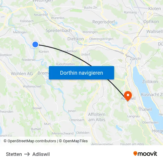 Stetten to Adliswil map