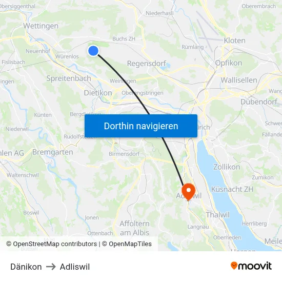 Dänikon to Adliswil map
