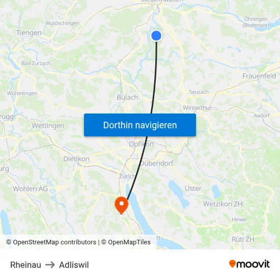Rheinau to Adliswil map
