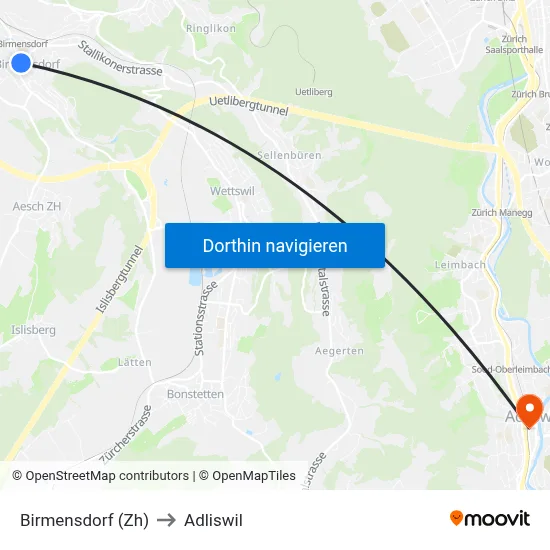 Birmensdorf (Zh) to Adliswil map