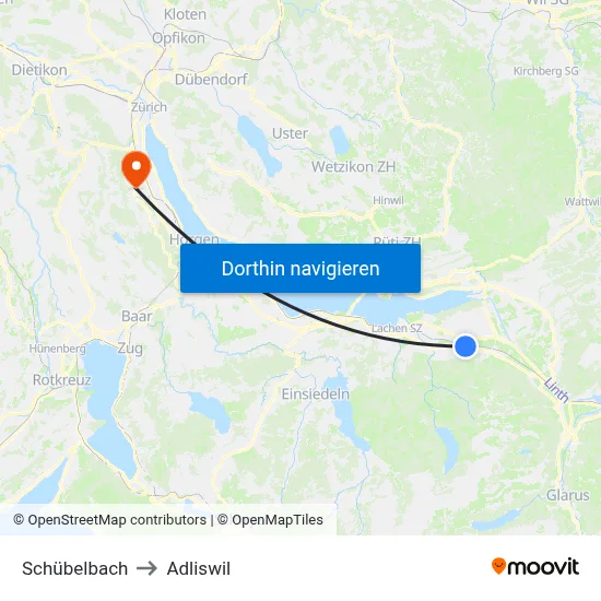 Schübelbach to Adliswil map
