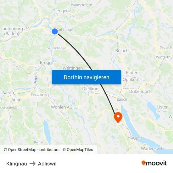 Klingnau to Adliswil map