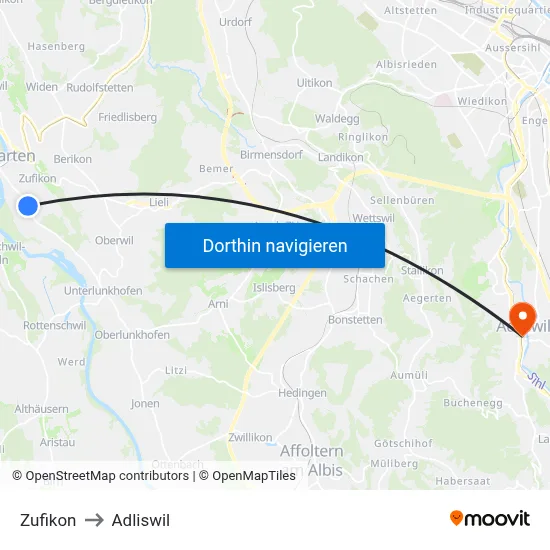 Zufikon to Adliswil map