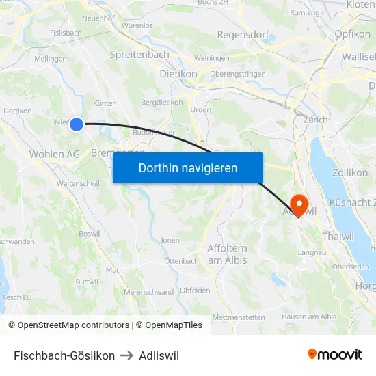 Fischbach-Göslikon to Adliswil map