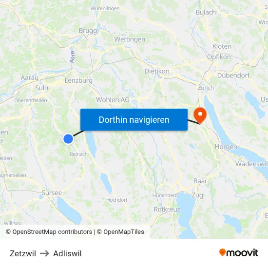 Zetzwil to Adliswil map