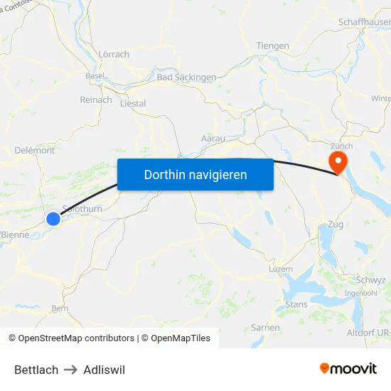 Bettlach to Adliswil map