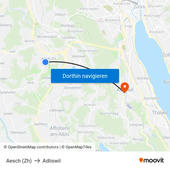 Aesch (Zh) to Adliswil map