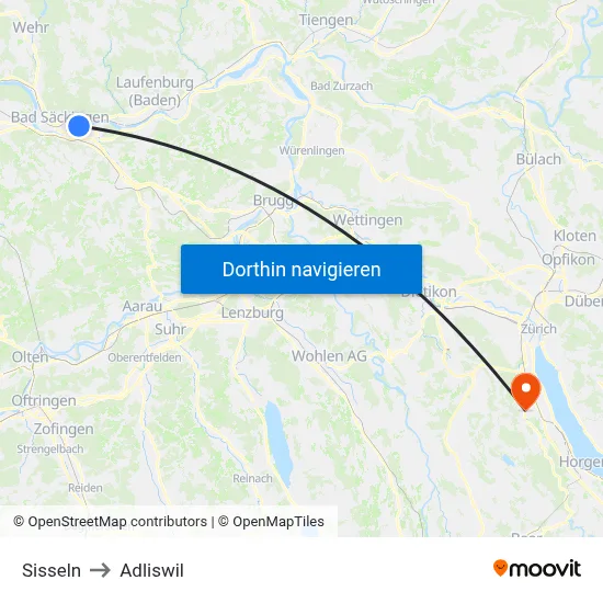 Sisseln to Adliswil map