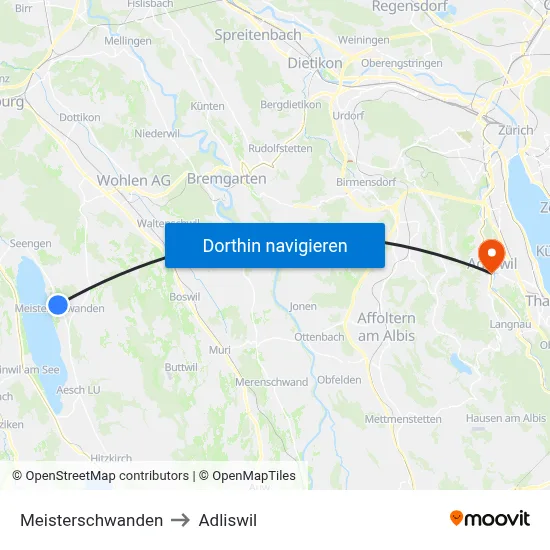 Meisterschwanden to Adliswil map