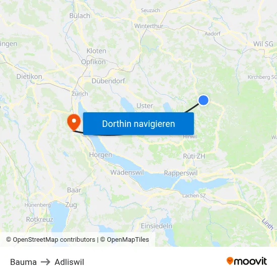 Bauma to Adliswil map