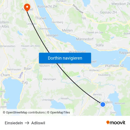 Einsiedeln to Adliswil map