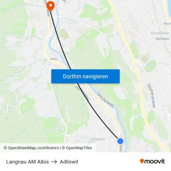 Langnau AM Albis to Adliswil map