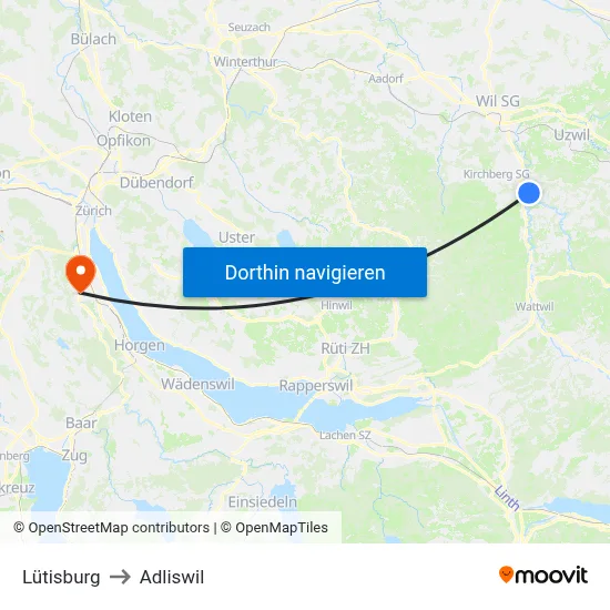 Lütisburg to Adliswil map