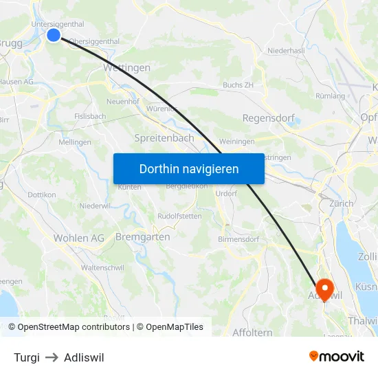 Turgi to Adliswil map