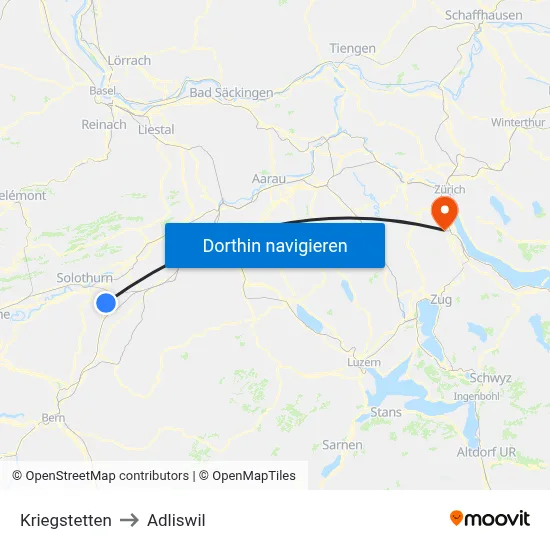 Kriegstetten to Adliswil map
