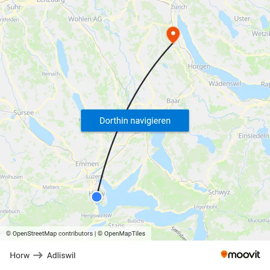 Horw to Adliswil map