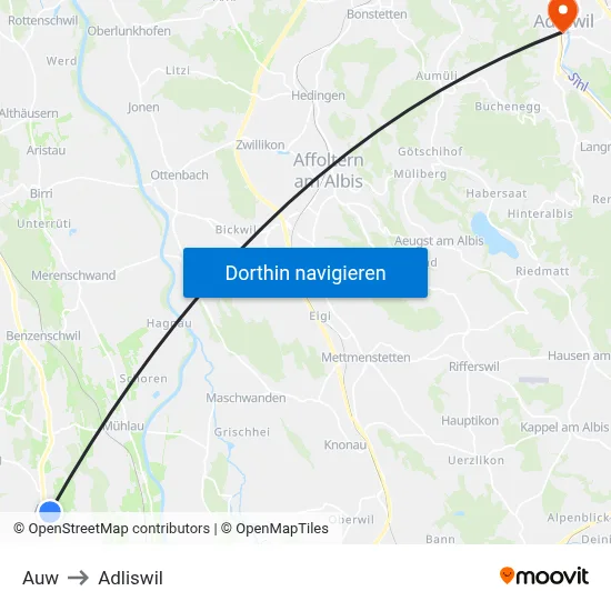 Auw to Adliswil map