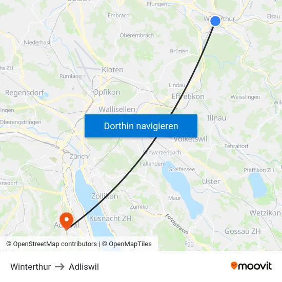 Winterthur to Adliswil map