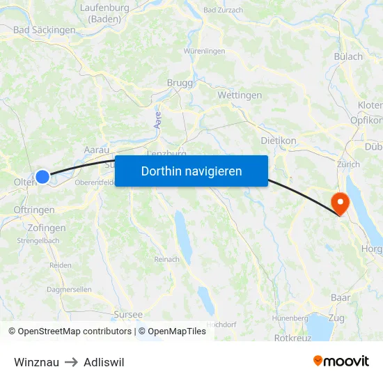 Winznau to Adliswil map