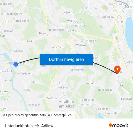 Unterlunkhofen to Adliswil map