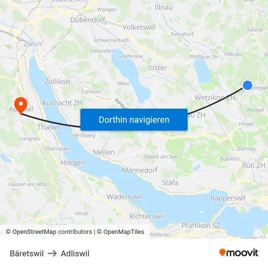 Bäretswil to Adliswil map