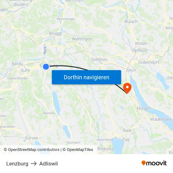 Lenzburg to Adliswil map