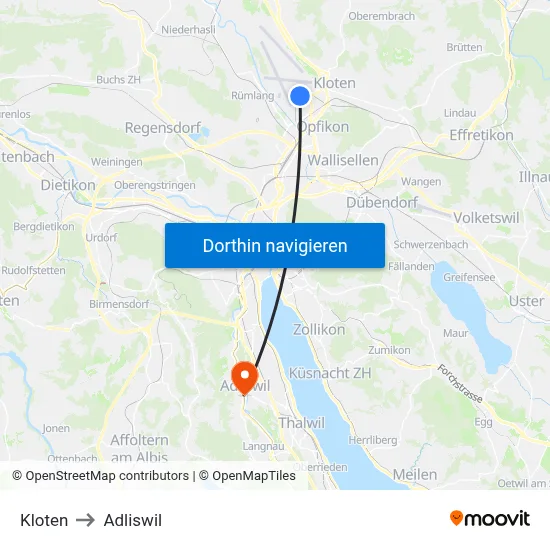 Kloten to Adliswil map