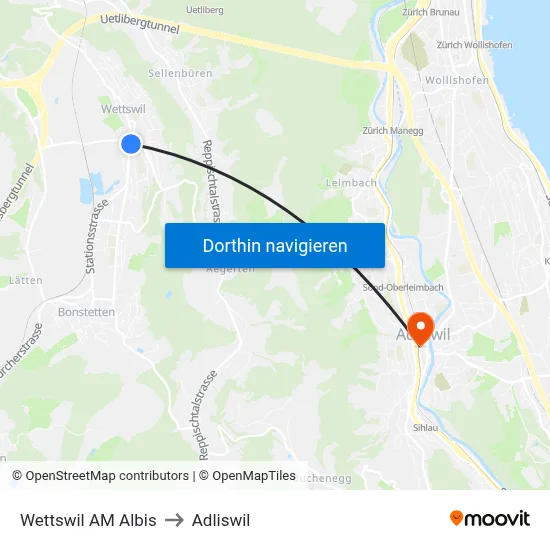 Wettswil AM Albis to Adliswil map