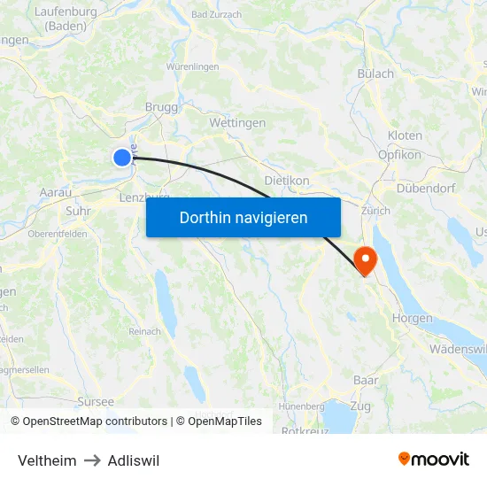Veltheim to Adliswil map