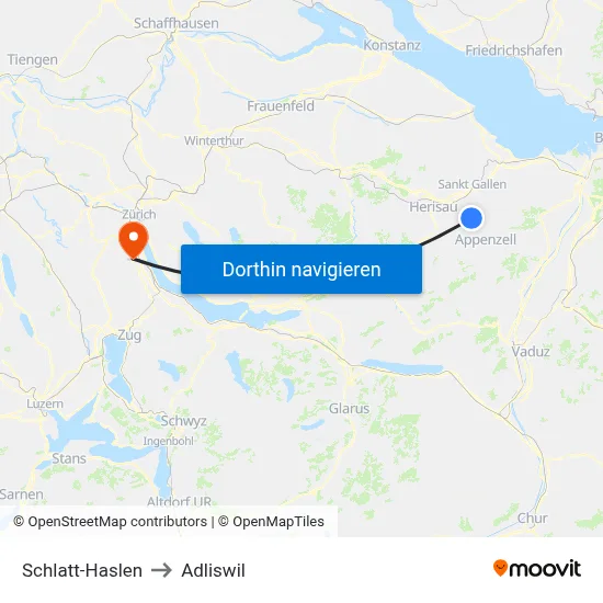 Schlatt-Haslen to Adliswil map