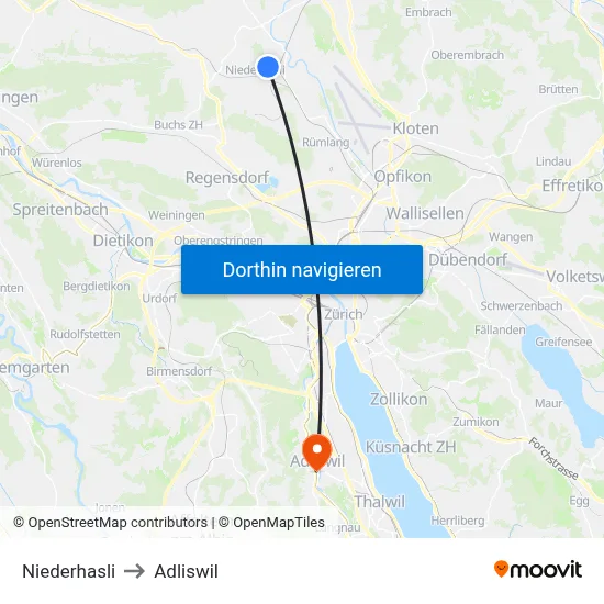 Niederhasli to Adliswil map