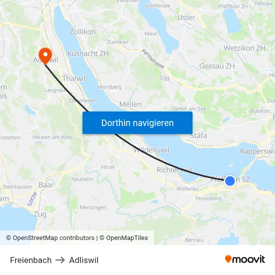 Freienbach to Adliswil map