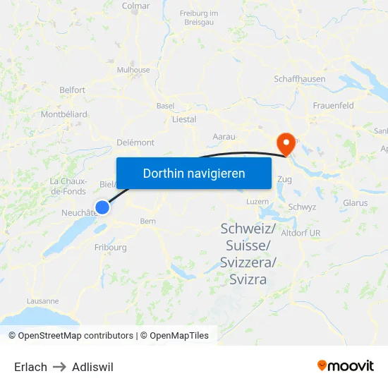 Erlach to Adliswil map
