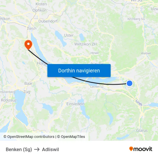 Benken (Sg) to Adliswil map
