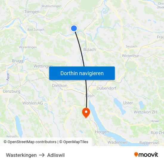 Wasterkingen to Adliswil map