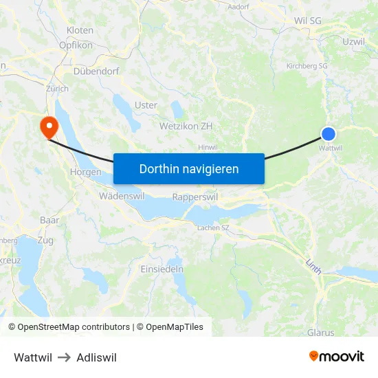 Wattwil to Adliswil map