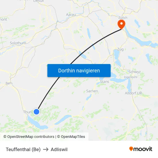Teuffenthal (Be) to Adliswil map