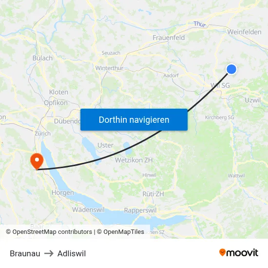 Braunau to Adliswil map