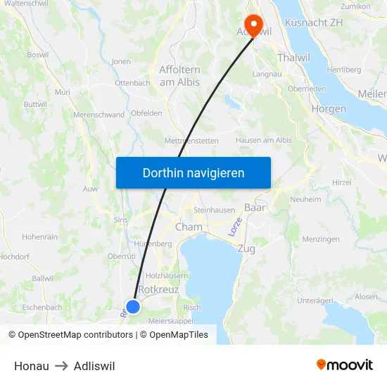 Honau to Adliswil map