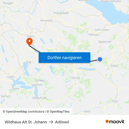 Wildhaus-Alt St. Johann to Adliswil map