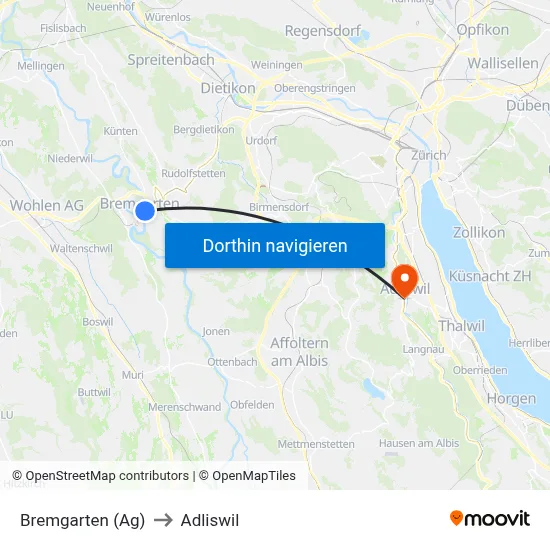 Bremgarten (Ag) to Adliswil map