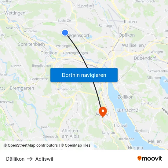Dällikon to Adliswil map