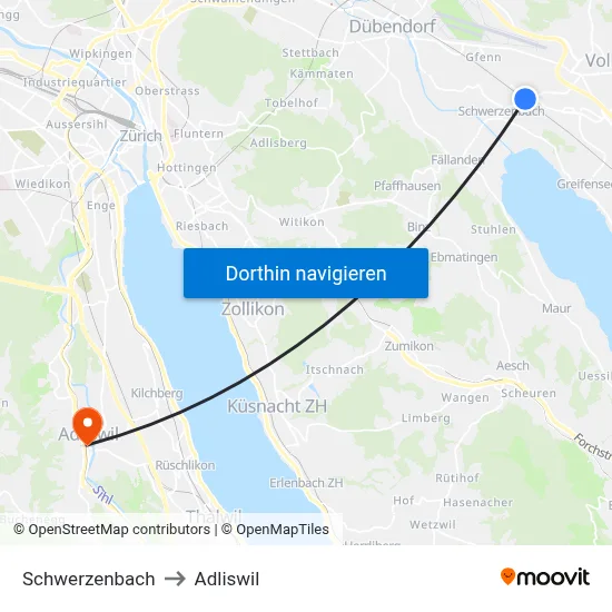 Schwerzenbach to Adliswil map